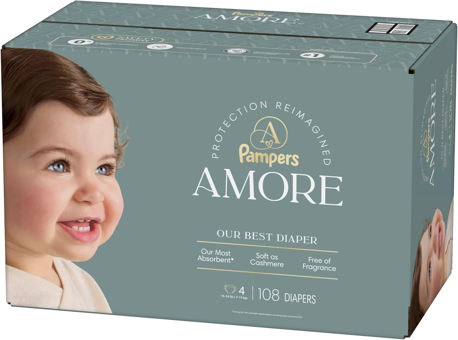 Pampers Amore, Size 1 (8-14 Lbs), 132 Count, Our Best Diaper – Hypoallergenic & Fragrance Free, up to 100% Leakproof, Soft as Cashmere