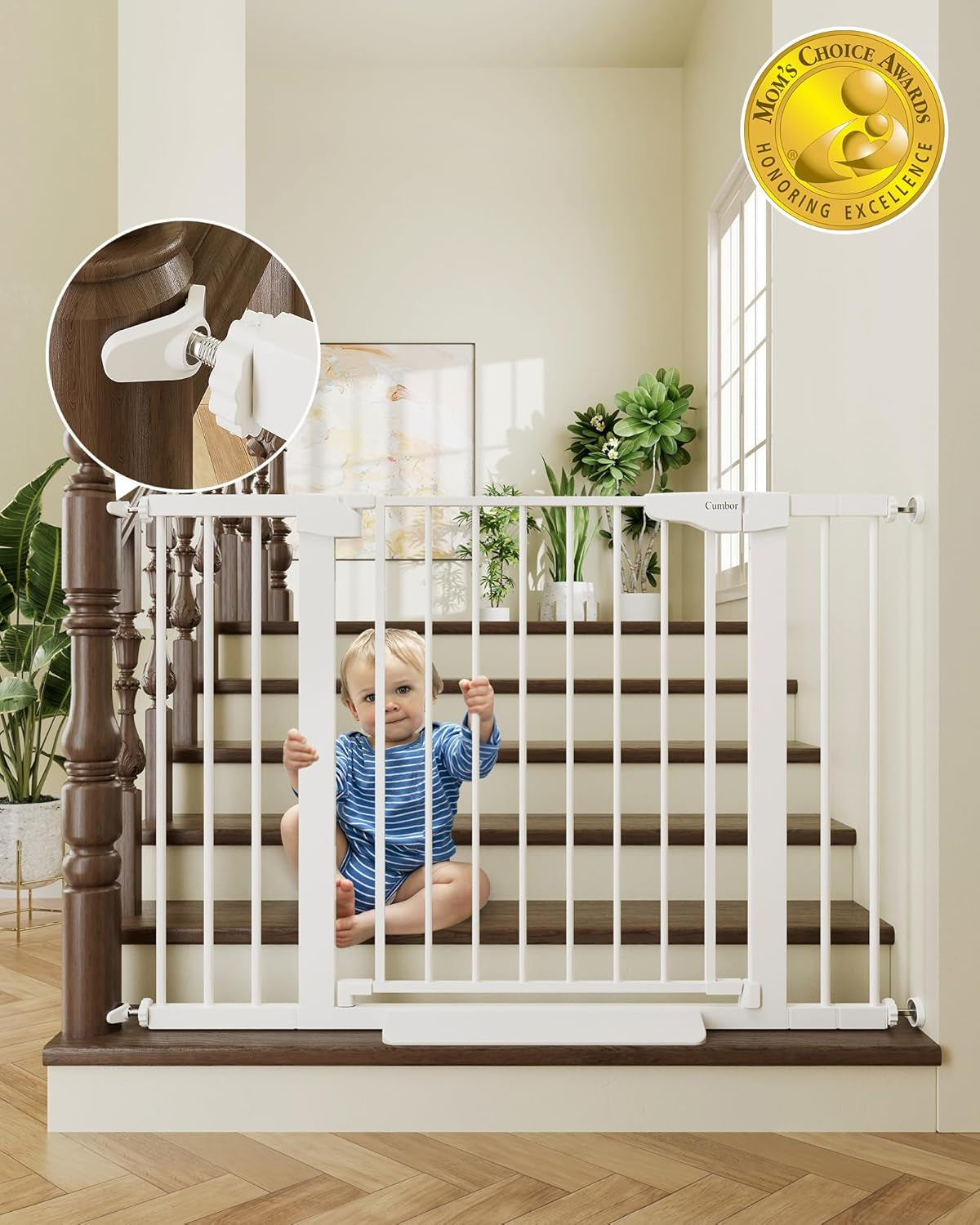 Cumbor 34" Extra Tall No Bottom Bar Baby Gate for Stairs, Hardware Mounted Dog Gate Indoor for Larger Pets, Expandable 29.2-43" Safety Gate for Doorways, Wide Walk Thru Door for Easy Access (Black)
