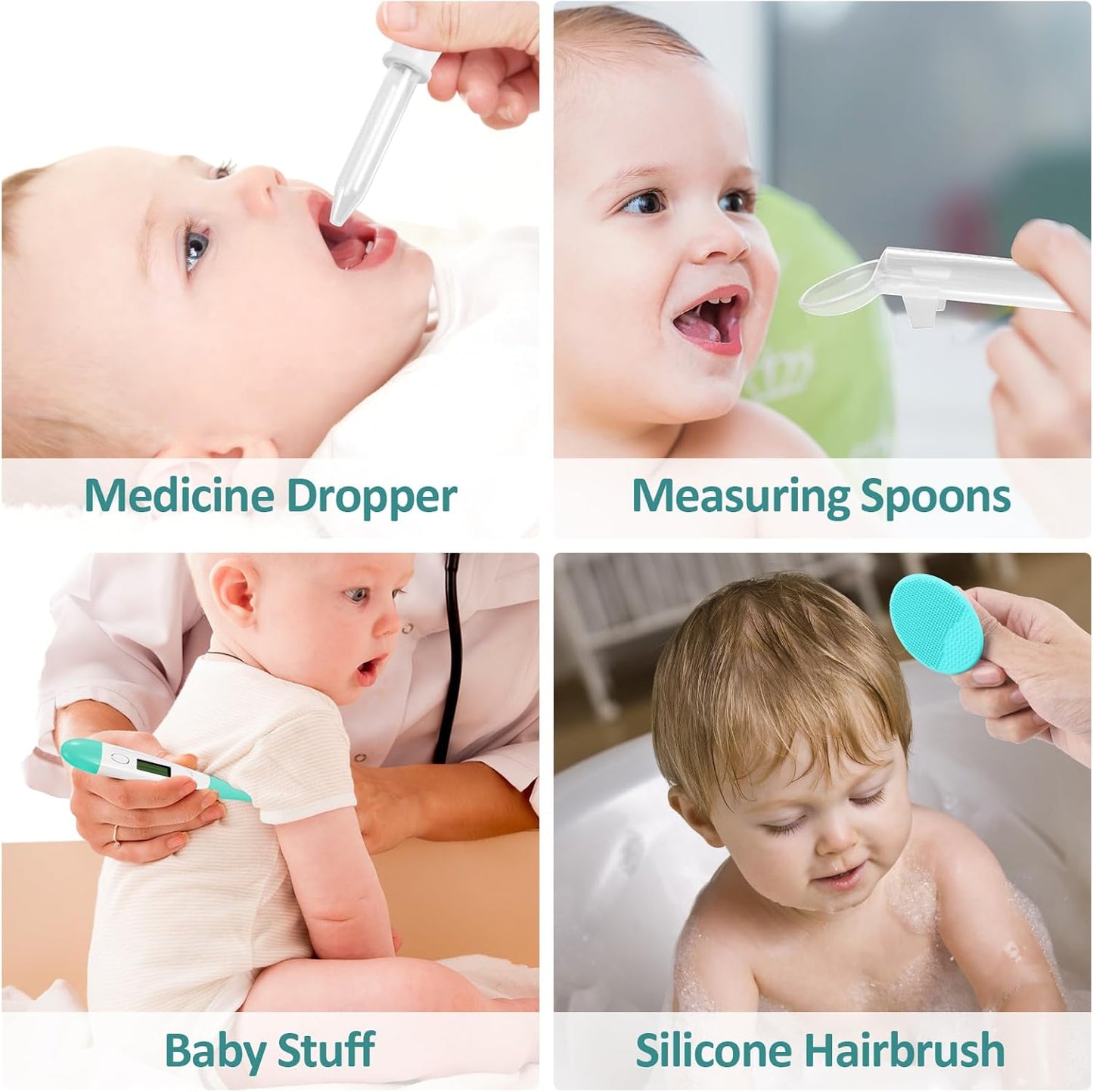 Image showcasing baby grooming kit essentials with medicine dropper, measuring spoons, baby thermometer, and silicone hairbrush.