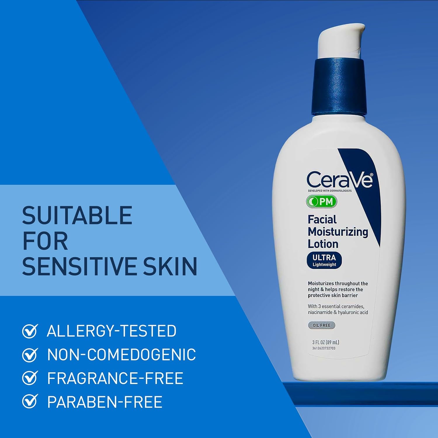CeraVe PM moisturizing night cream 3 oz bottle suitable for sensitive skin, allergy-tested, paraben-free.