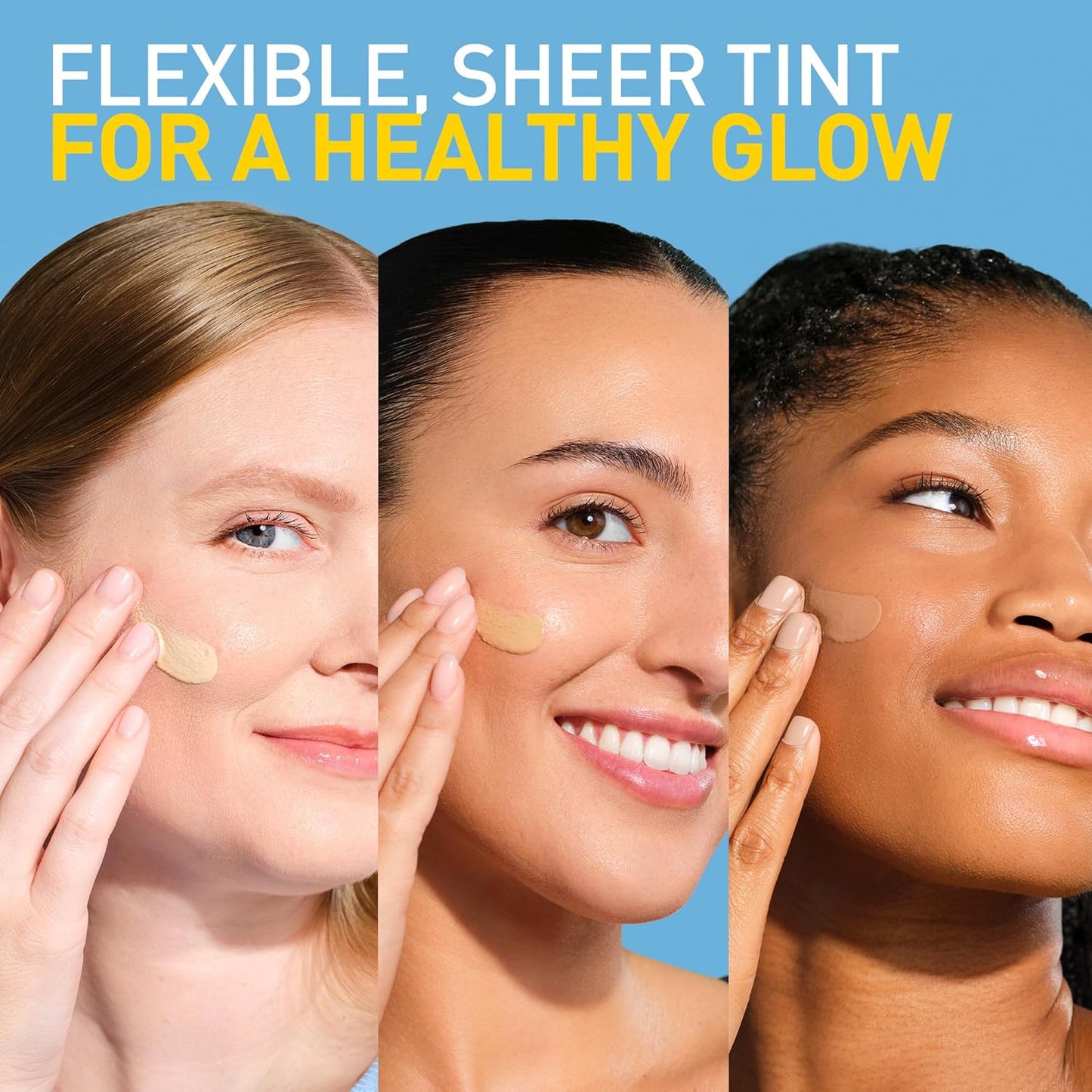 Three women showcasing flexible, sheer tint with CeraVe Hydrating Tinted Mineral Sunscreen SPF 30 for a healthy glow.