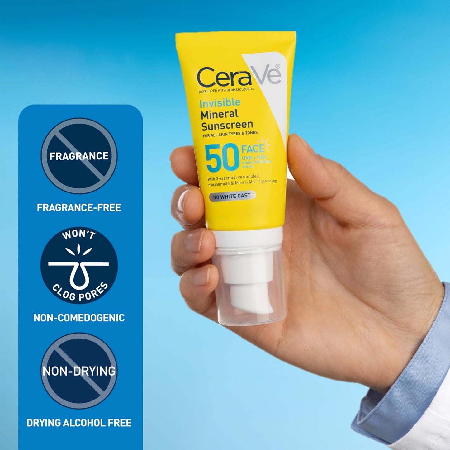 CeraVe Invisible Mineral Sunscreen SPF 50 Face, 1.62 oz travel size, formulated for all skin types and tones.