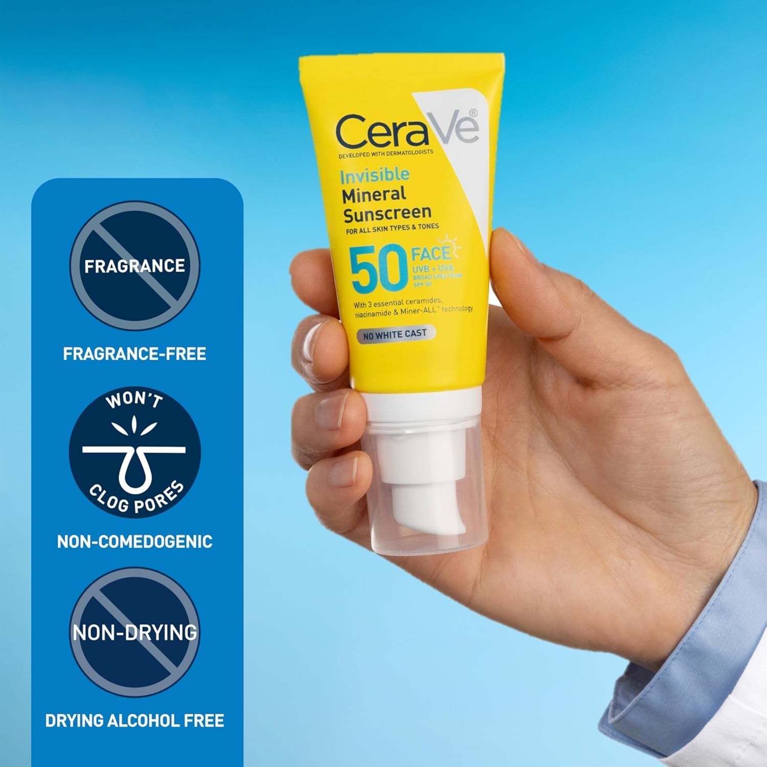 CeraVe Invisible Mineral Sunscreen SPF 50 Face, 1.62 oz travel size, formulated for all skin types and tones.