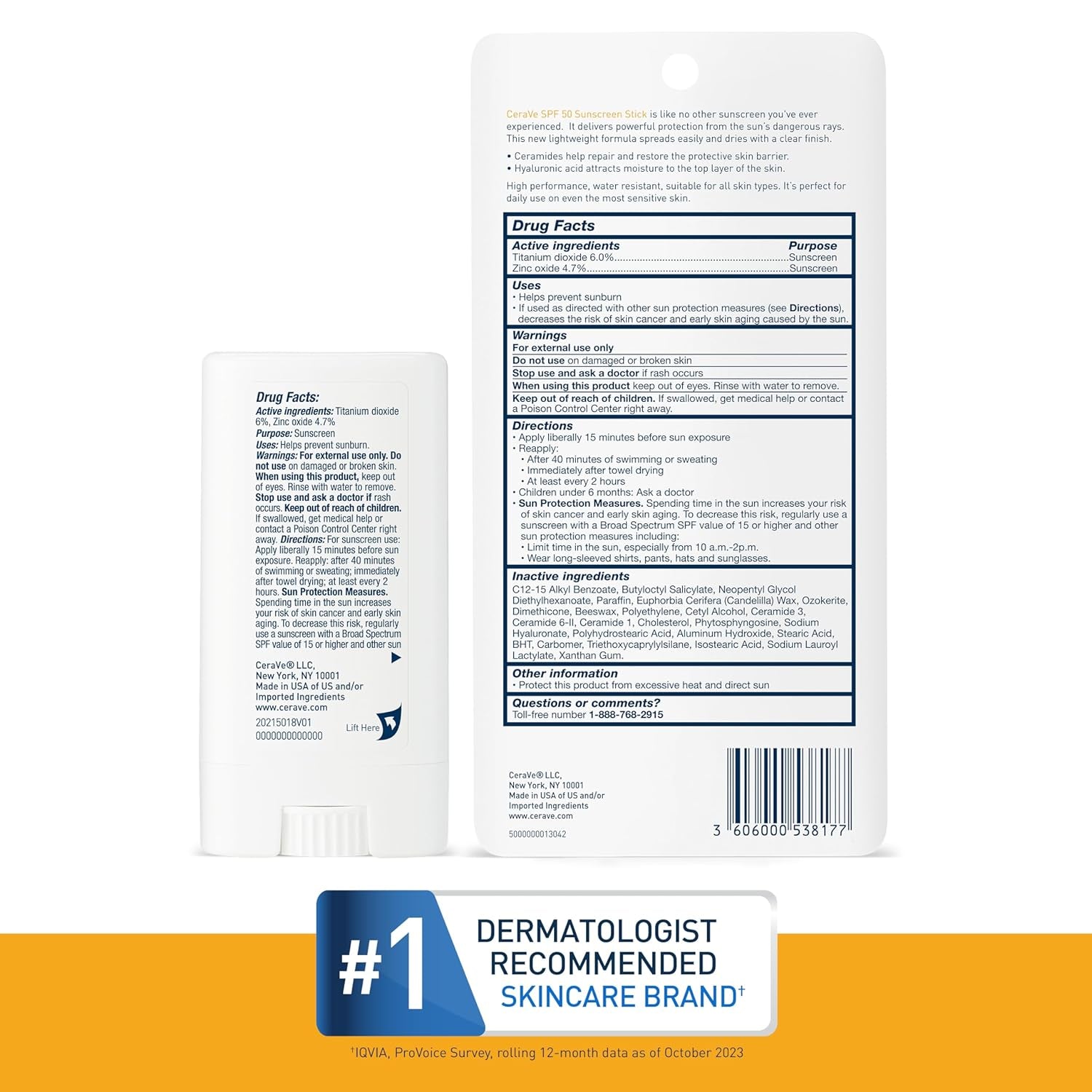 CeraVe Mineral Sunscreen Stick SPF 50 Face Sunscreen Zinc Oxide 0.47oz New