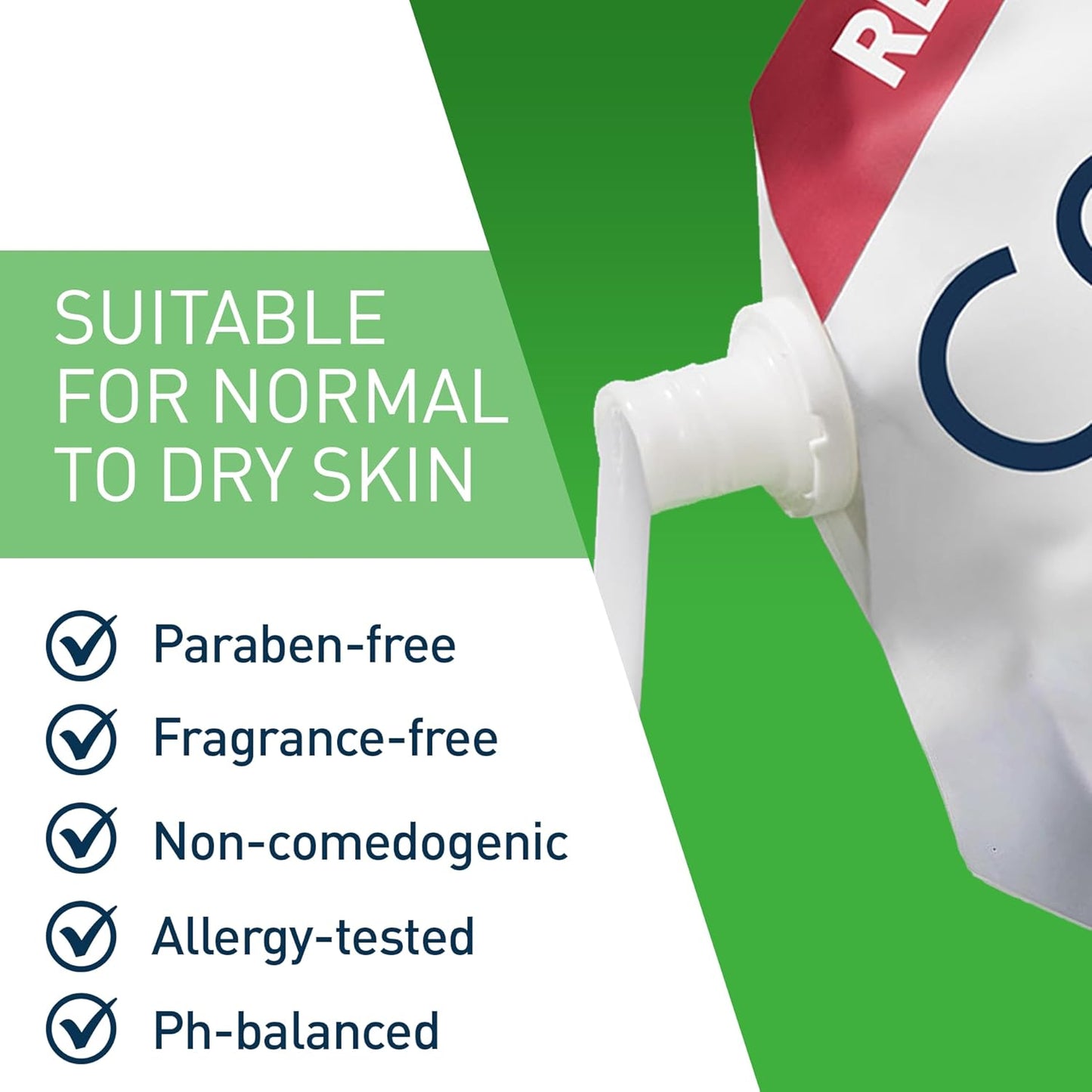 CeraVe hydrating cream to foam cleanser pouch highlighting suitability for normal to dry skin, paraben-free, fragrance-free.