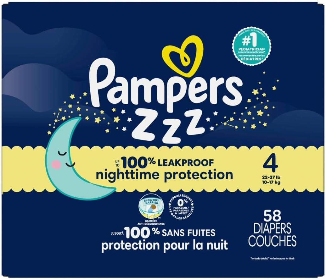 Pampers ZZZ Overnight Diapers, Size 4 (22-37 Lbs), 58 Count, Nighttime Protection Disposable Baby Diaper, Night Time Leak and Skin Protection