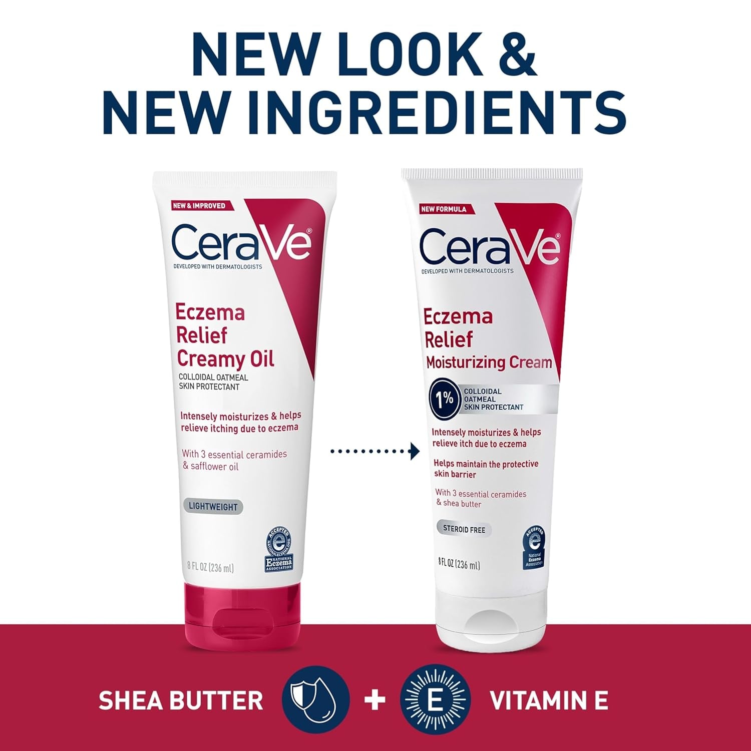 CeraVe Eczema Relief Moisturizing Cream next to Eczema Relief Creamy Oil, featuring new look and ingredients.