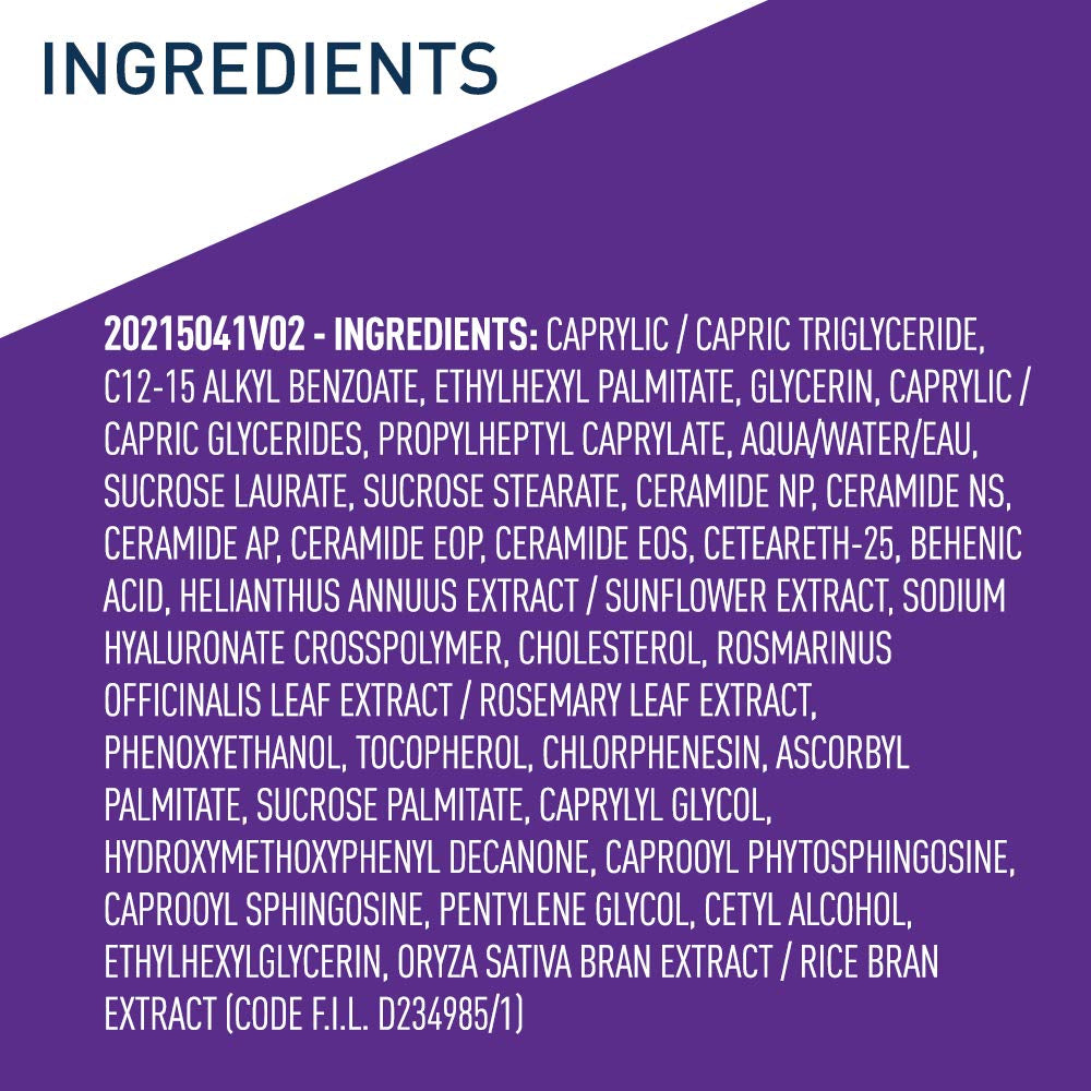 Ingredients list for CeraVe hydrating gel oil serum featuring various moisturizing and skin-beneficial components.