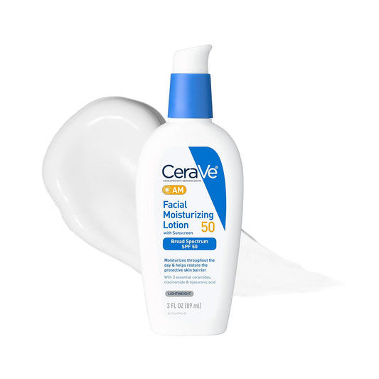 CeraVe AM moisturizing sunscreen 3oz bottle with lotion texture, offering SPF 50 protection and hydration.