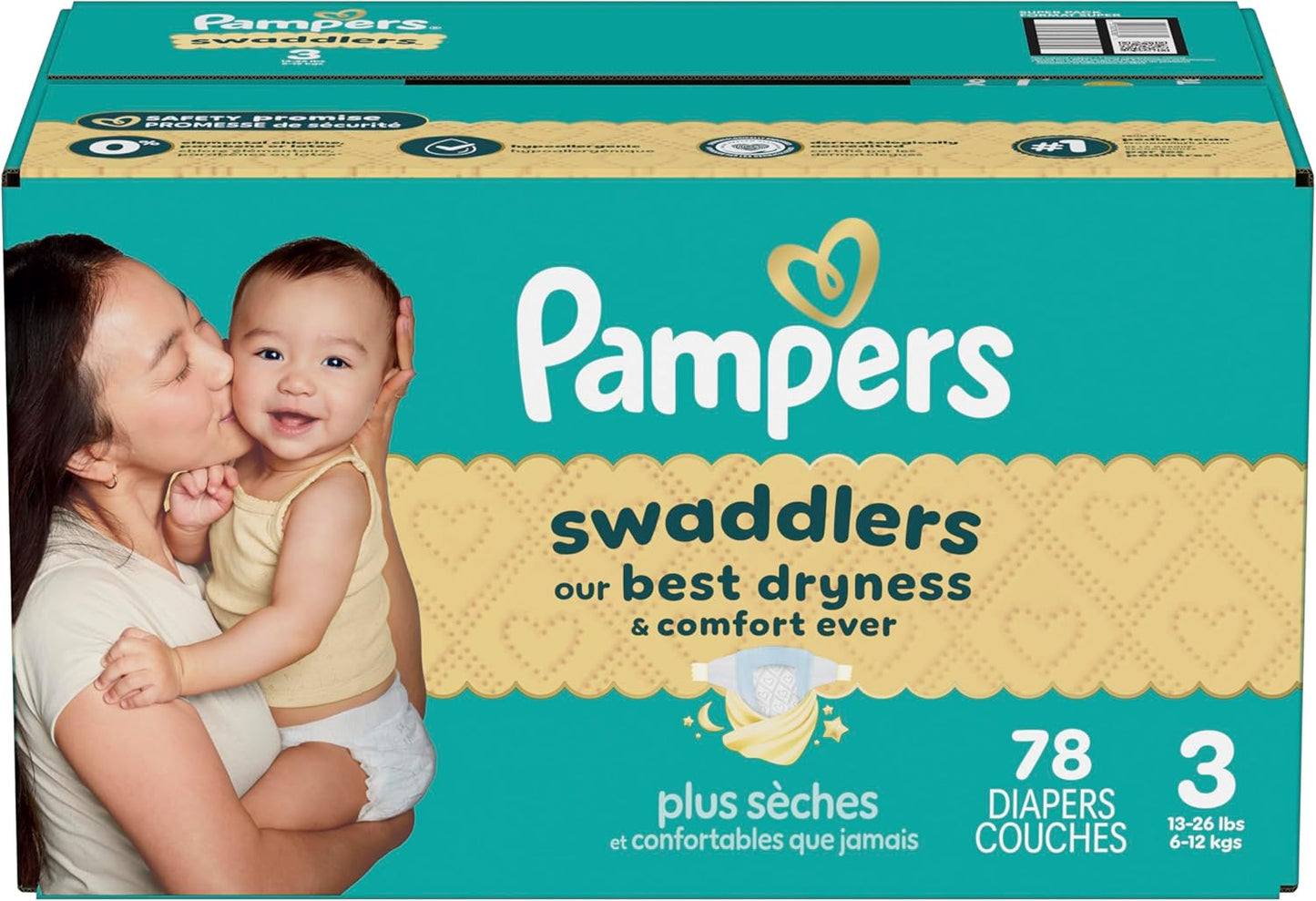 Pampers Swaddlers Diapers, Size 3 (13-26 Lbs), 78 Count, Absorbent, Keeps Baby Dry and Comfortable, Skin Safe Disposable Baby Diaper