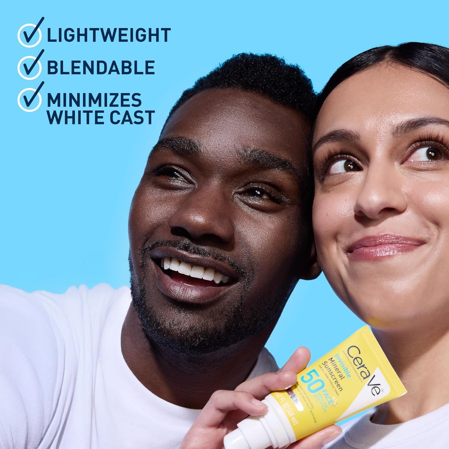 CeraVe Invisible Mineral Sunscreen SPF 50 held by a smiling woman next to a man, showcasing its lightweight, blendable formula.