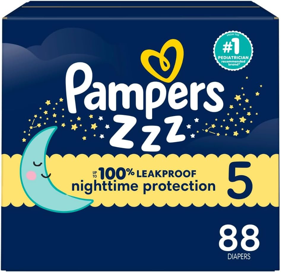 Pampers ZZZ Overnight Diapers, Size 5 (27+ Lbs), 88 Count, Nighttime Protection Disposable Baby Diaper, Night Time Leak and Skin Protection