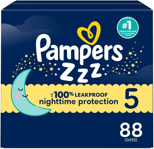 Pampers ZZZ Overnight Diapers, Size 5 (27+ Lbs), 88 Count, Nighttime Protection Disposable Baby Diaper, Night Time Leak and Skin Protection
