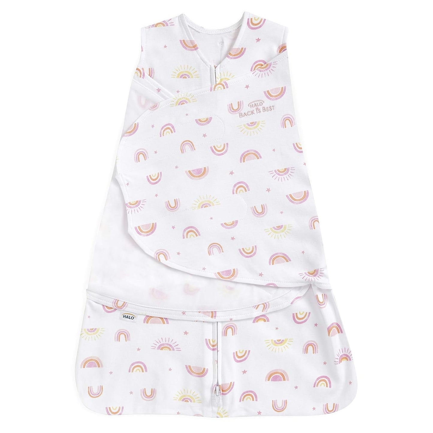HALO 100% Cotton Sleepsack Swaddle, 3-Way Adjustable Wearable Blanket, TOG 1.5, Sunshine Rainbows, Small, 3-6 Months