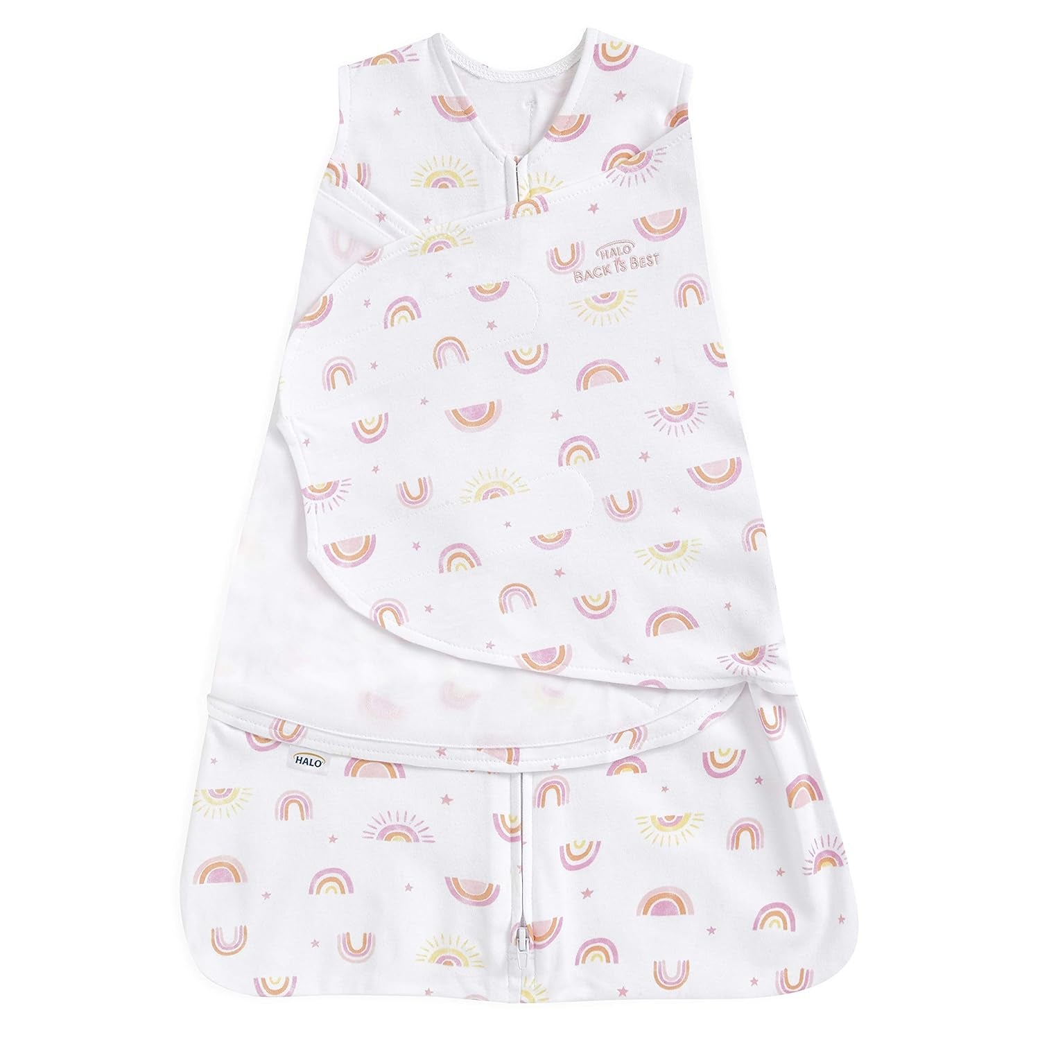 HALO 100% Cotton Sleepsack Swaddle, 3-Way Adjustable Wearable Blanket, TOG 1.5, Sunshine Rainbows, Small, 3-6 Months