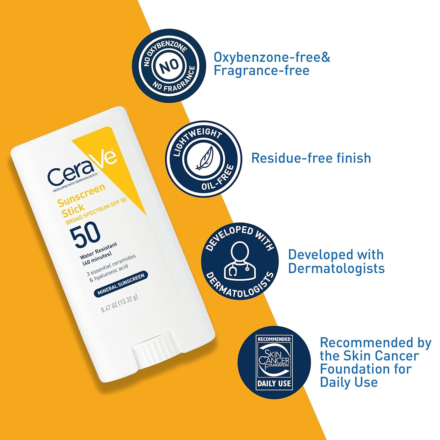 CeraVe mineral sunscreen stick SPF 50 with clear label and benefits, including lightweight and oil-free features.