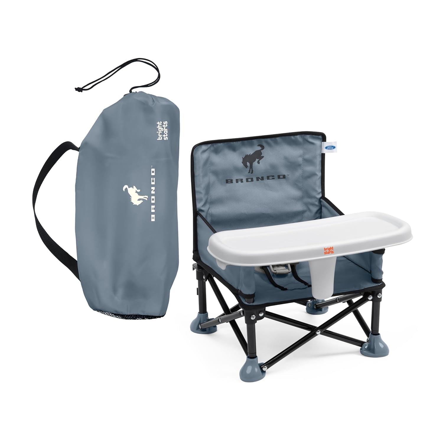 Bright Starts Ford Bronco Pop 'N Sit portable booster chair for toddlers with carrying bag and tray.