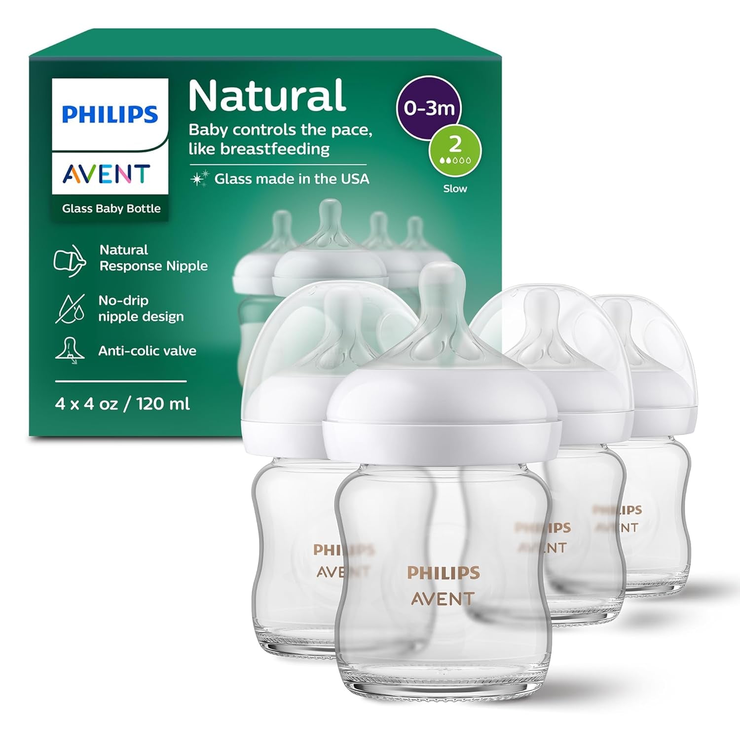 Philips Avent Natural Glass Baby Bottles with Natural Response Nipples (Medium Flow, Flow 3), 8Oz, 2-Pack, SCY913/02