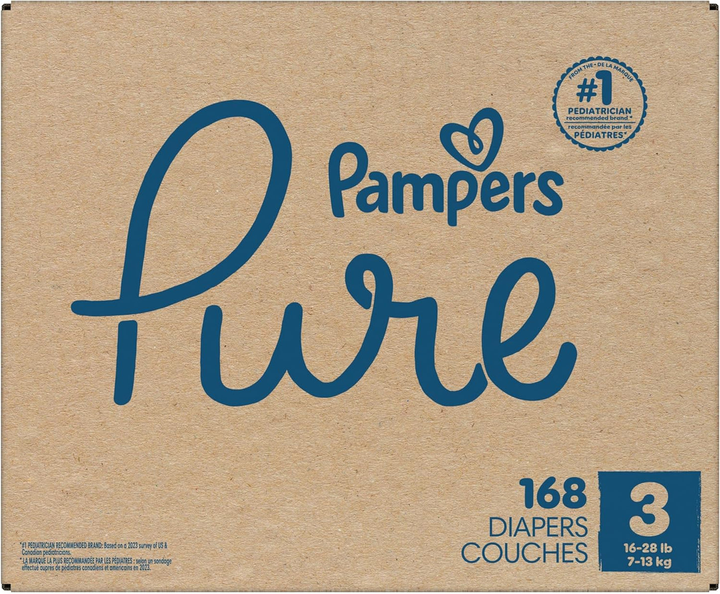 Pampers Pure Baby Diapers, Size 3 (16-28 Lbs), 168, up to 100% Leakproof, Premium Hypoallergenic Soft Diapers