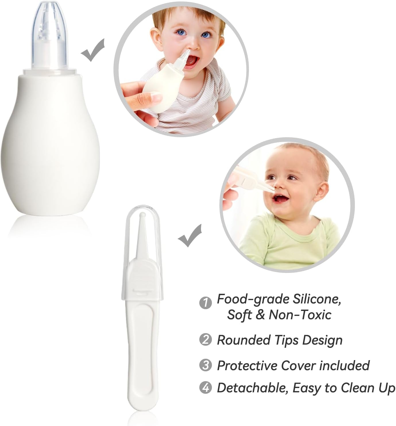 Baby grooming essentials kit featuring a nasal aspirator bottle and a soft-tipped applicator for safe infant care.
