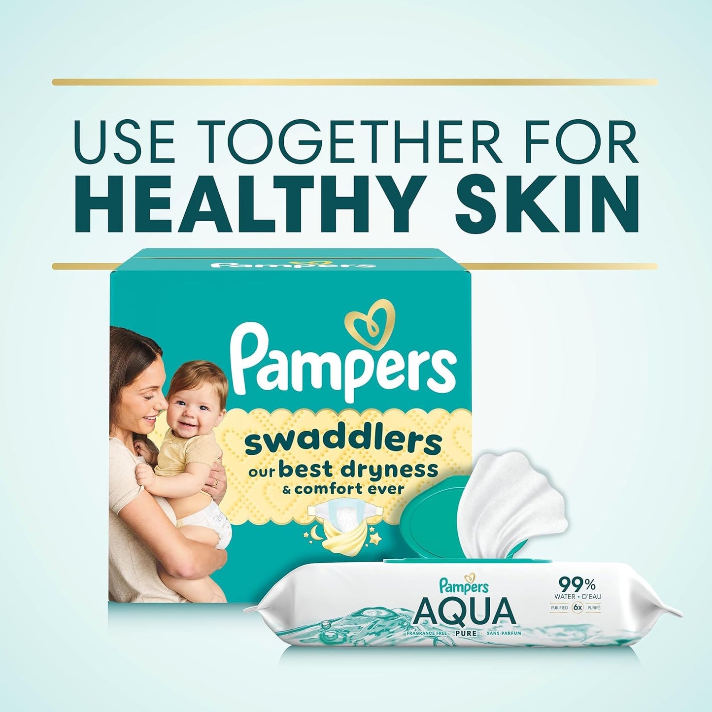 Pampers Aqua Pure Baby Wipes, 99% Water, Fragrance Free, Unscented, Water Based, Multi-Use, 112 Wipes Total (2X Flip-Top Packs) [Packaging May Vary]