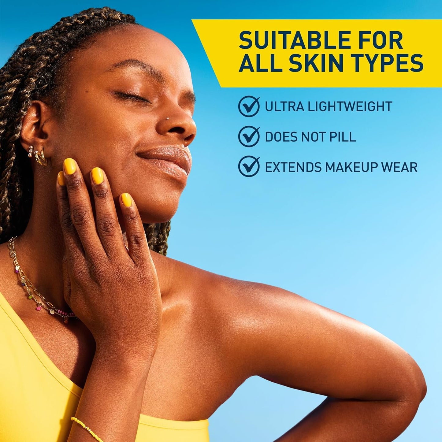 Woman promoting invisible mineral sunscreen SPF 50; suitable for all skin types, ultra lightweight, does not pill.