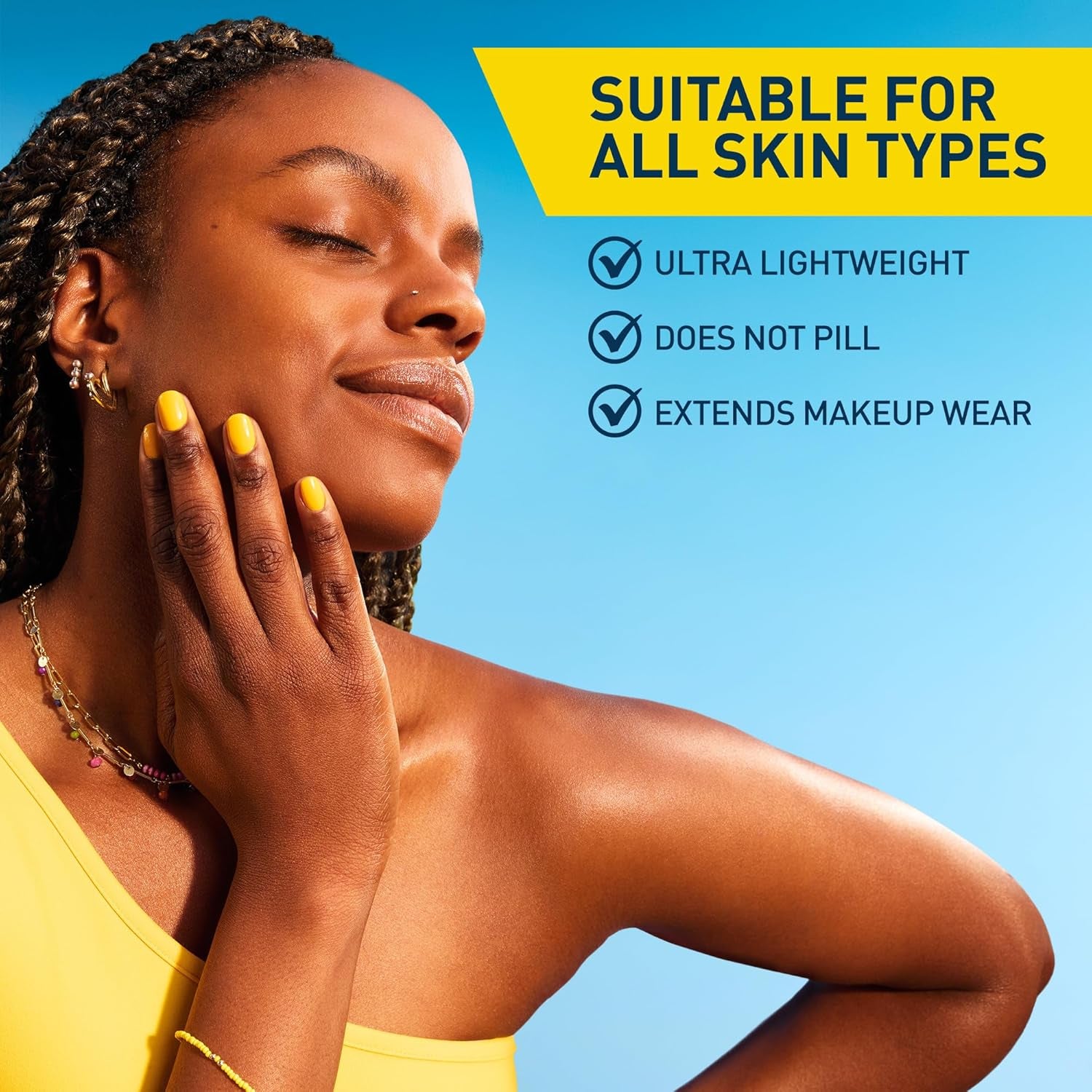 Woman promoting invisible mineral sunscreen SPF 50; suitable for all skin types, ultra lightweight, does not pill.