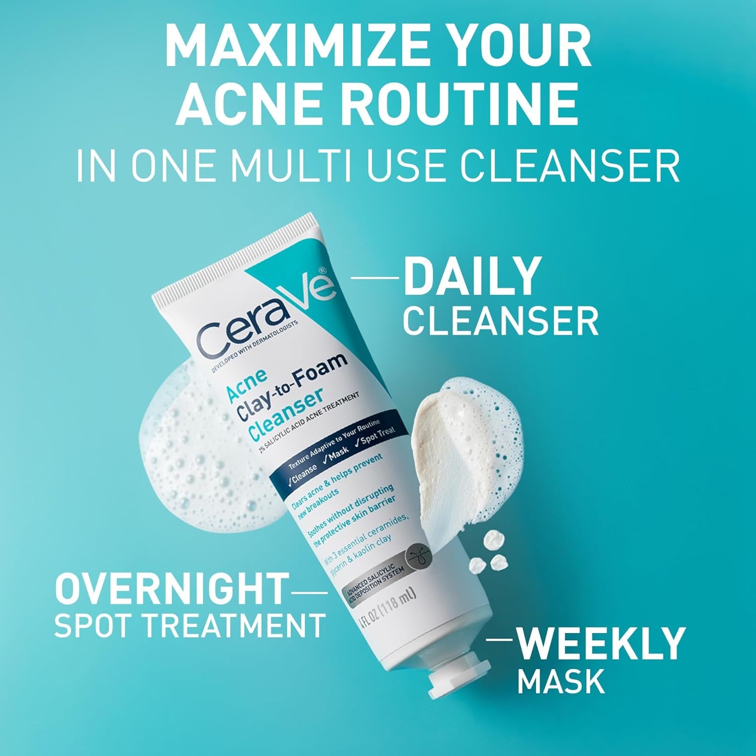 CeraVe Clay To Foam Acne Face Wash Salicylic Acid Acne Face Wash for daily cleansing, overnight treatment, and weekly mask.