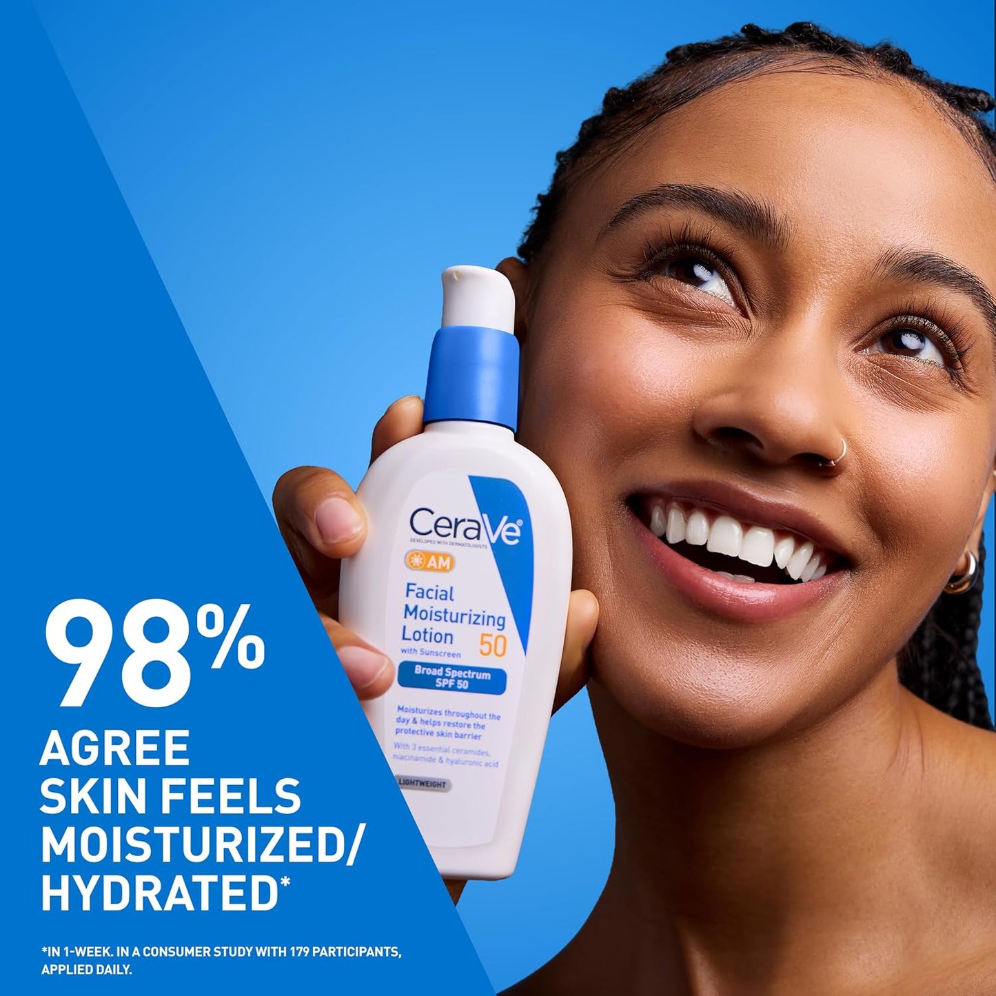 CeraVe AM moisturizing sunscreen 3oz facial lotion with SPF 50 for daily use and hydration.