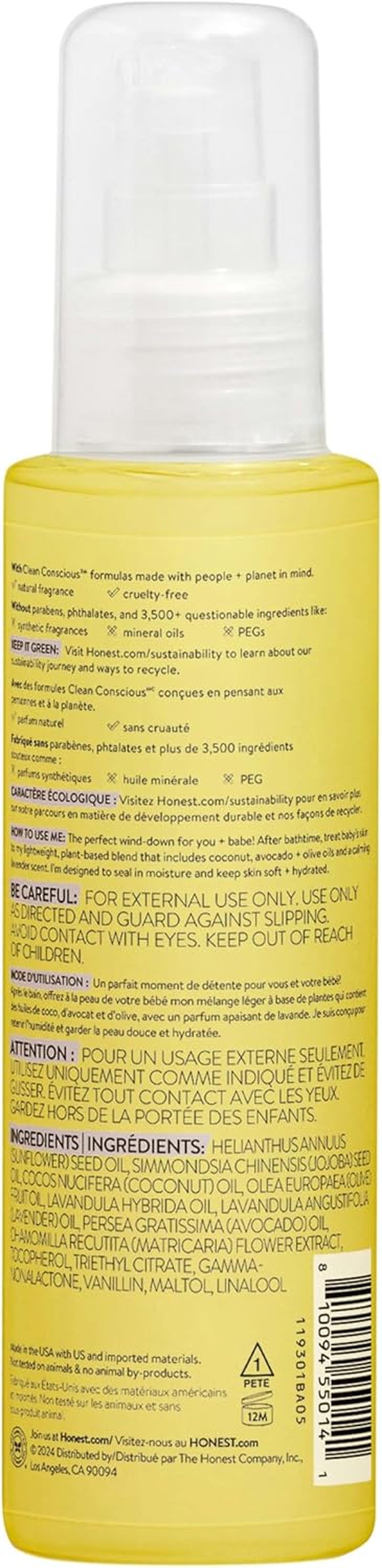 The Honest Company Lavender Infused Calming Body Oil Moisturize Nourish and Soothe Baby'S Skin Plant-Based Hypoallergenic Vegan 4.0 Fl Oz