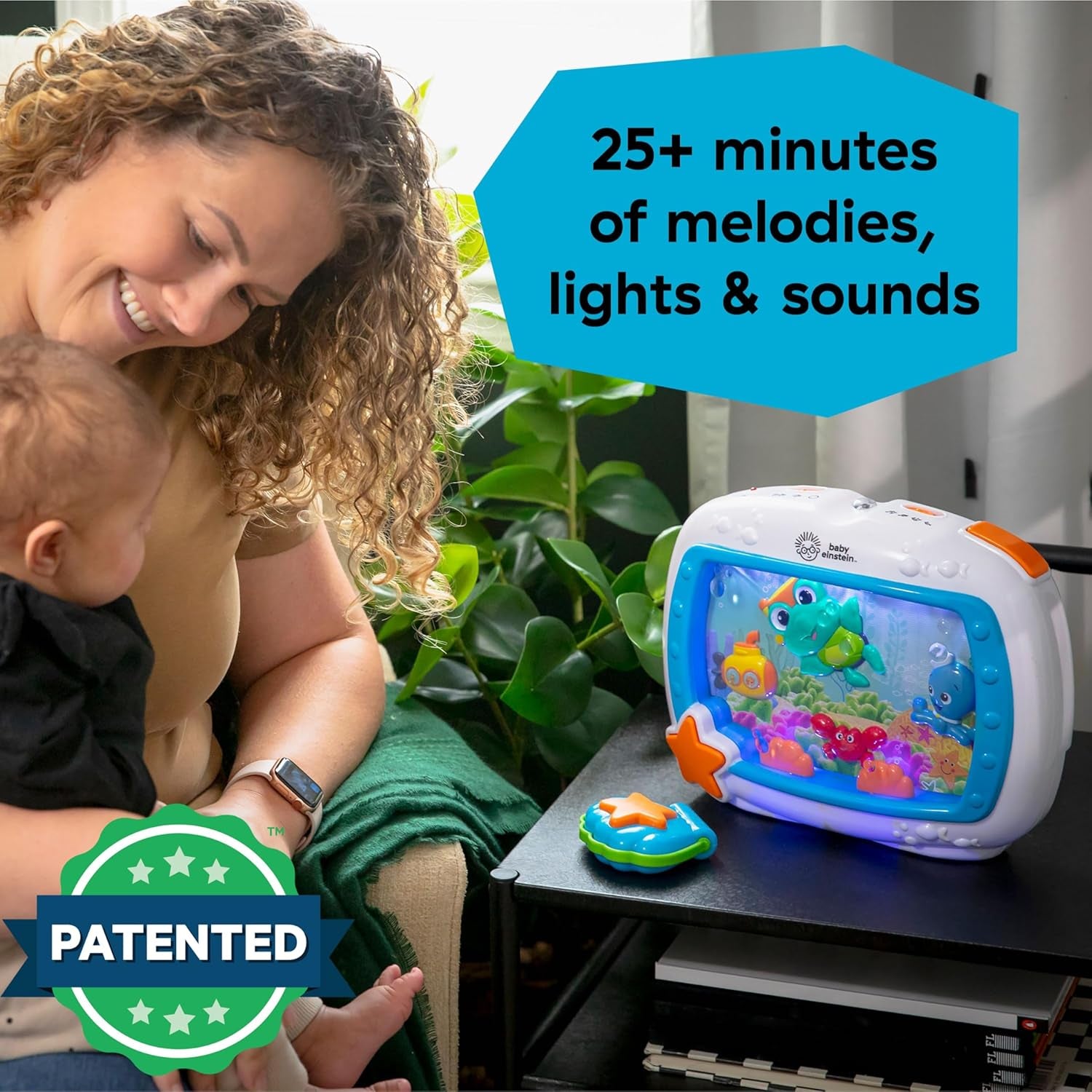 Baby Einstein crib soother in use, providing 25+ minutes of melodies, lights, and sounds for infants.