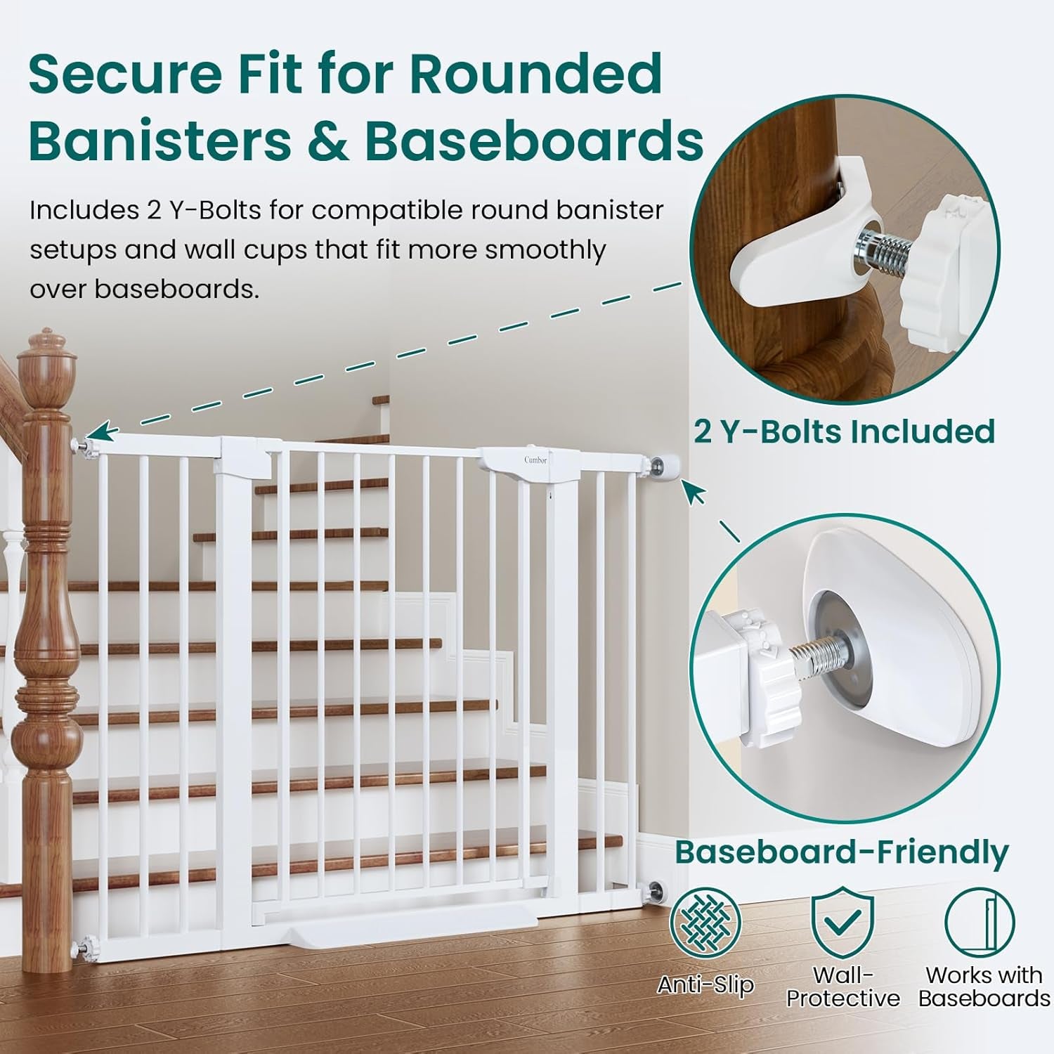 Cumbor 34" Extra Tall Baby Gate for Stairs, Hardware Mounted (Drill Required), Expandable 31.6-48" No Bottom Bar Dog Gate Indoor for Larger Pets, Large Walk Thru Door for Easy Access (White)
