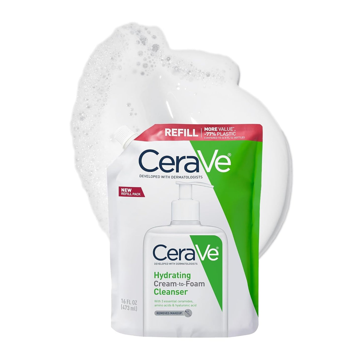 CeraVe Hydrating Cream To Foam Cleanser Face Wash 16 oz Eco Refill Pouch with foamy lather.