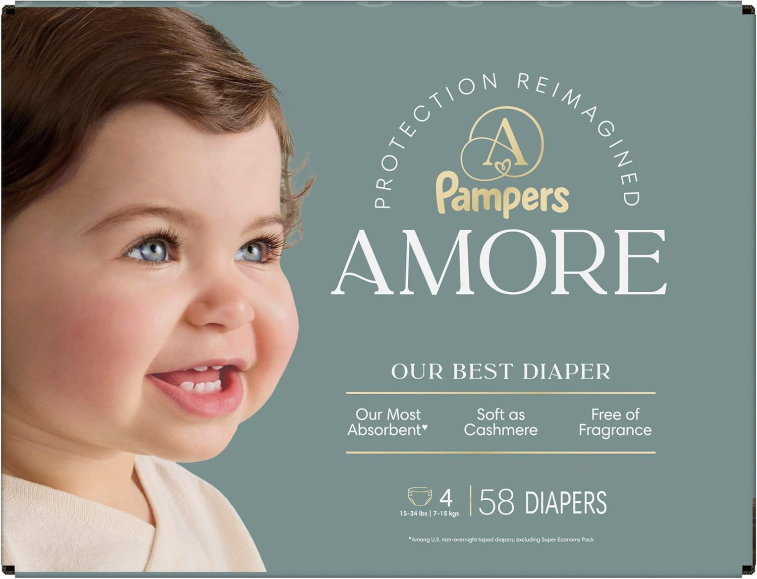 Pampers Amore, Size 4 (15-34 Lbs), 58 Count, Our Best Diaper – Hypoallergenic & Fragrance Free, up to 100% Leakproof, Soft as Cashmere