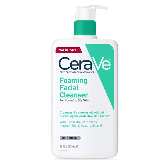 CeraVe foaming cleanser for oily skin 19 oz bottle designed for oil control developed with dermatologists.