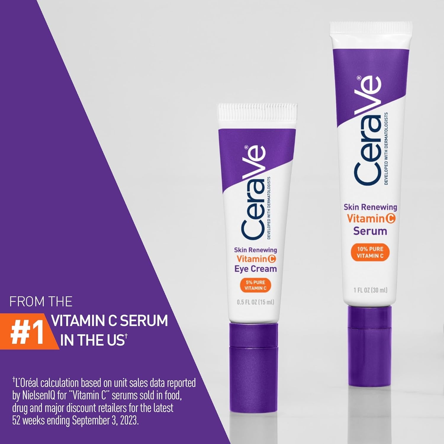 CeraVe Vitamin C Eye Cream for Dark Circles next to CeraVe Vitamin C Serum in promotional image.
