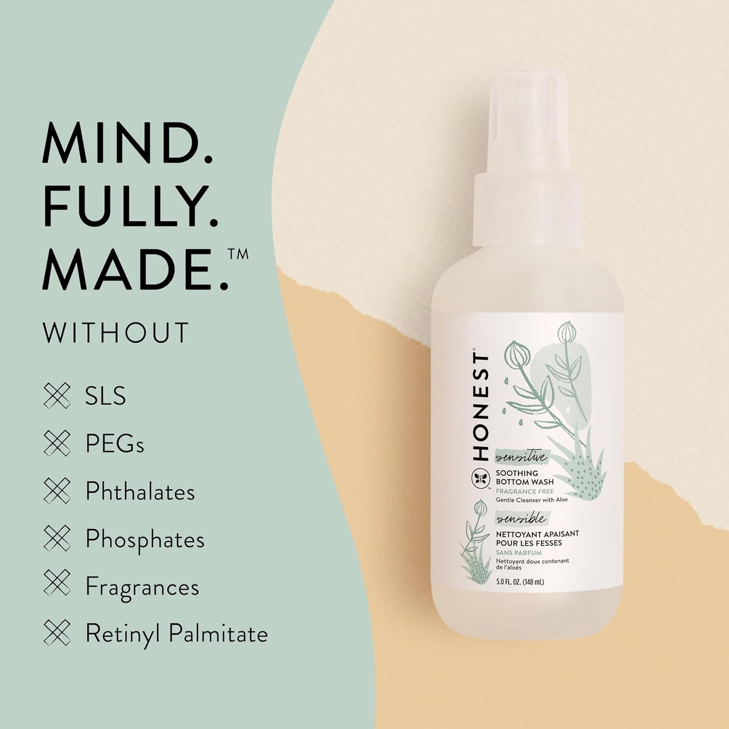 The Honest Company Soothing Baby Bottom Wash, Gently Cleanses and Refreshes, Naturally Derived Non-Irritating Made with Aloe, 5 Fl Oz