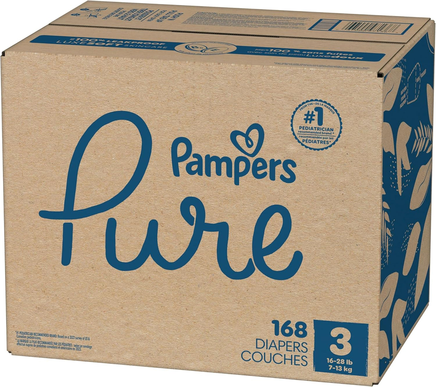 Pampers Pure Baby Diapers, Size 3 (16-28 Lbs), 168, up to 100% Leakproof, Premium Hypoallergenic Soft Diapers