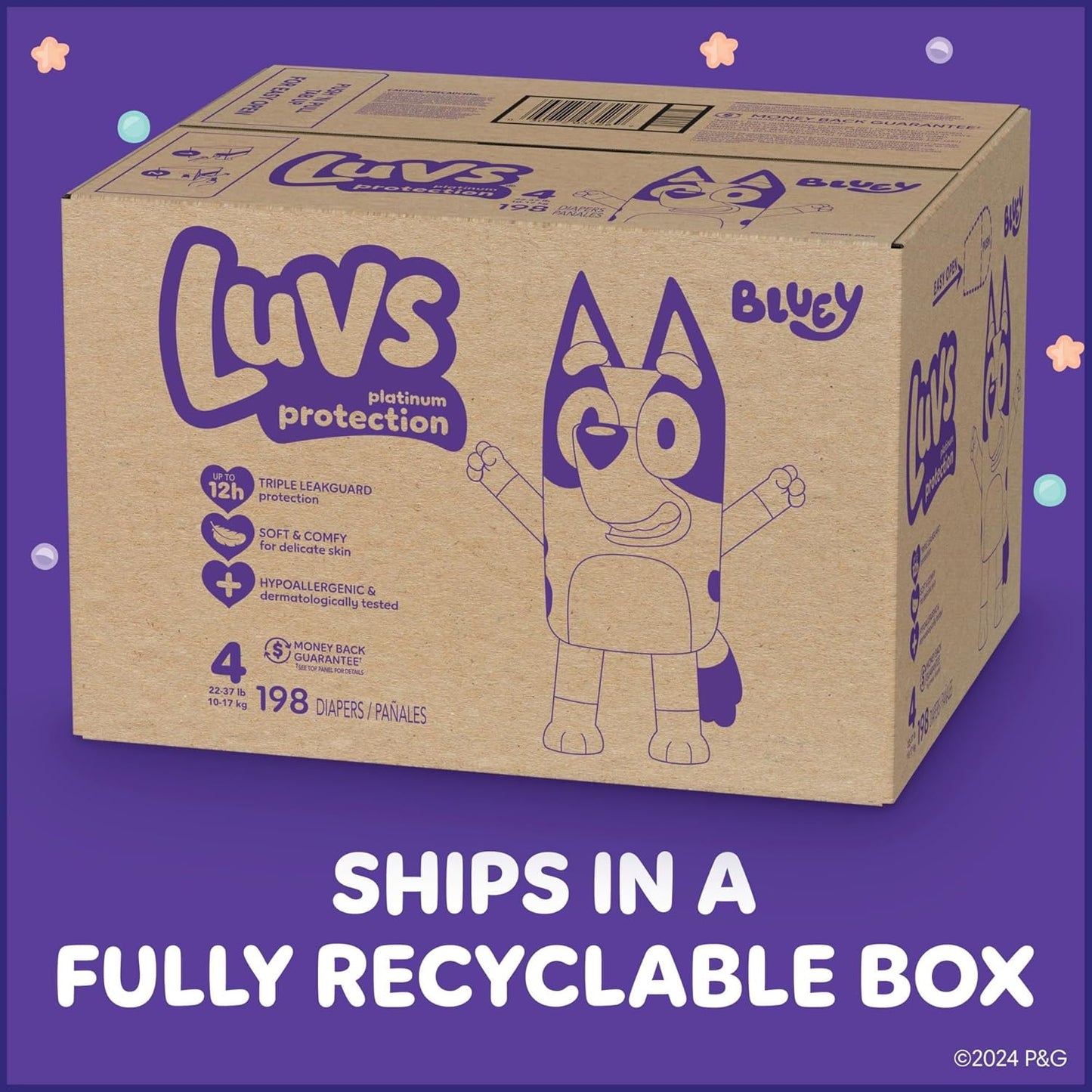 Luvs Size 4 Baby Diapers, Platinum Protection Bluey Diapers for Day & Night, Size 4, 198 Count (Packaging May Vary)