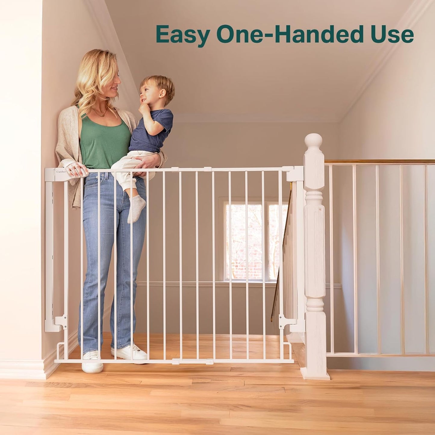 Cumbor 34" Extra Tall No Bottom Bar Baby Gate for Stairs, Hardware Mounted Dog Gate Indoor for Larger Pets, Expandable 29.2-43" Safety Gate for Doorways, Wide Walk Thru Door for Easy Access (White)