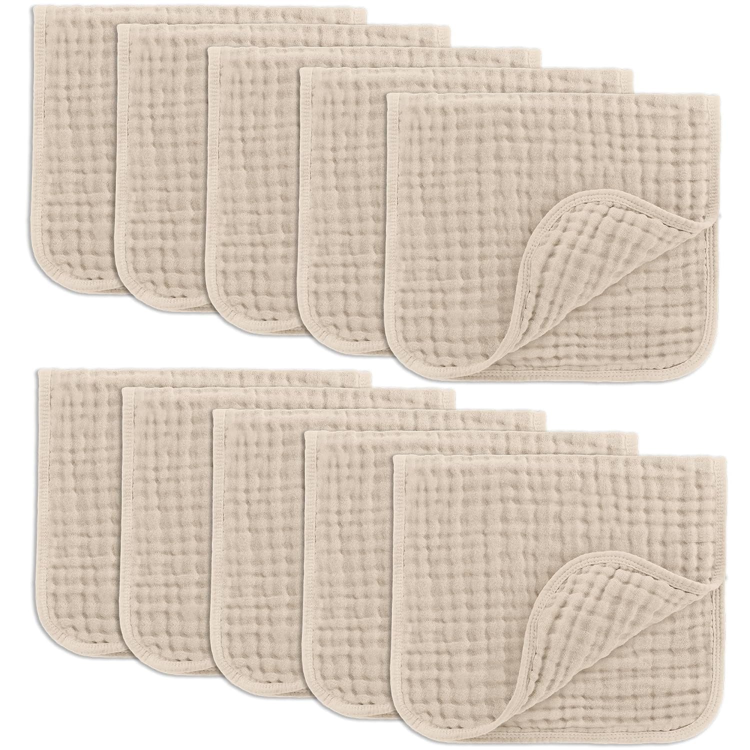 Comfy Cubs Muslin Burp Cloths 20" X 10", Pack of 10 - Large, 6-Layer, Ultra Absorbent 100% Cotton for Baby Drool and Messes - Soft, Safe & Gentle Baby Burp Cloths for Boys & Girls - Sand