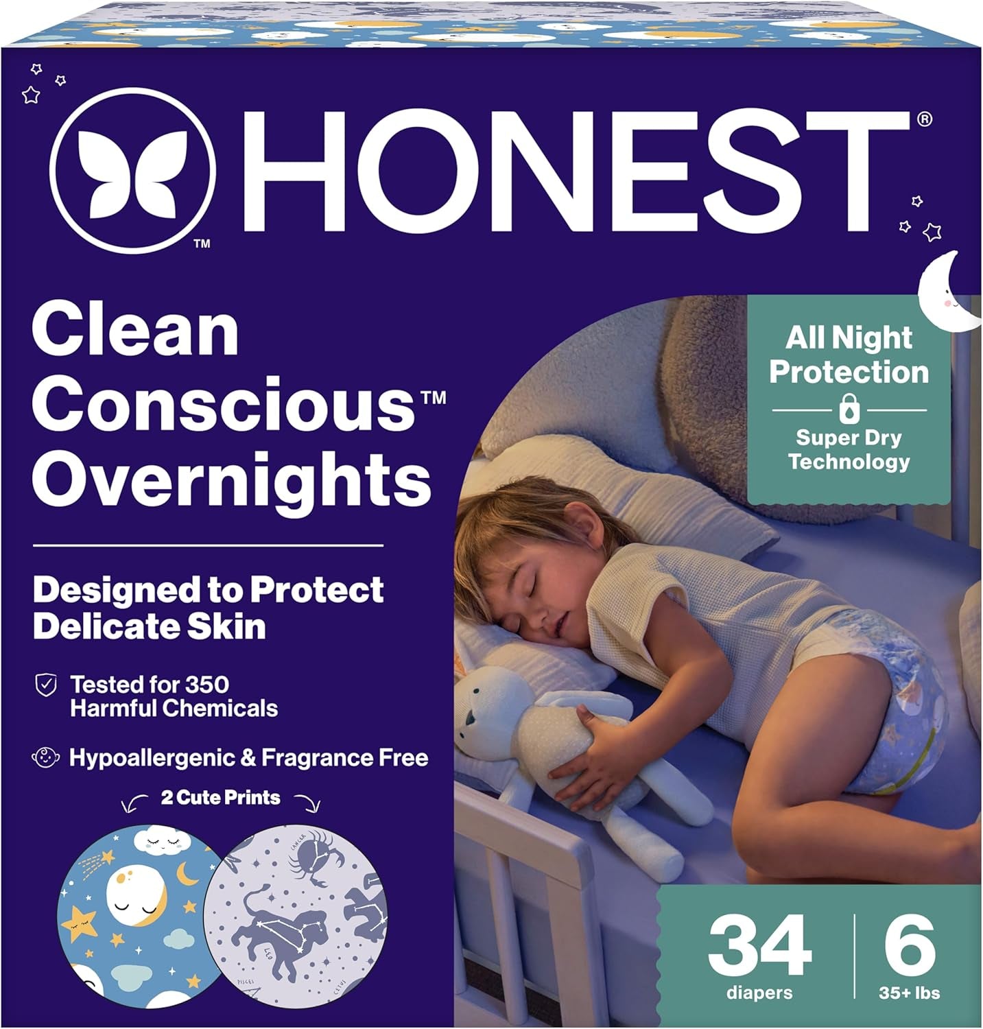 The Honest Company Comfort Dry Overnight Diapers, up to 12 Hours Protection, Hypoallergenic, Fragrance-Free, Cozy Cloud + Star Signs, Club Box Size 6 (35+ Lbs), 34 Count