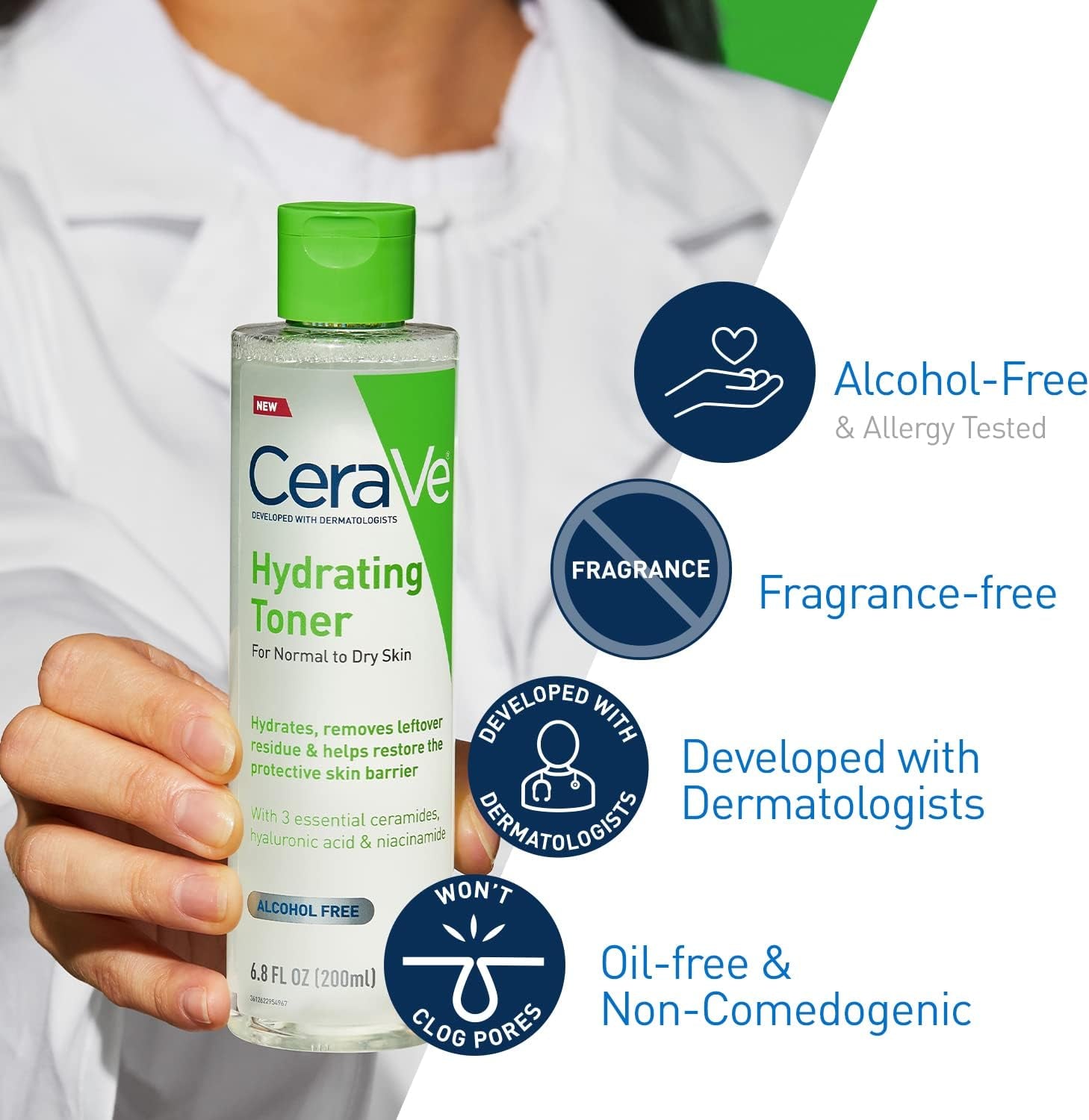 CeraVe Hydrating Toner for sensitive skin 6.8 fl oz, alcohol-free, fragrance-free, developed with dermatologists.