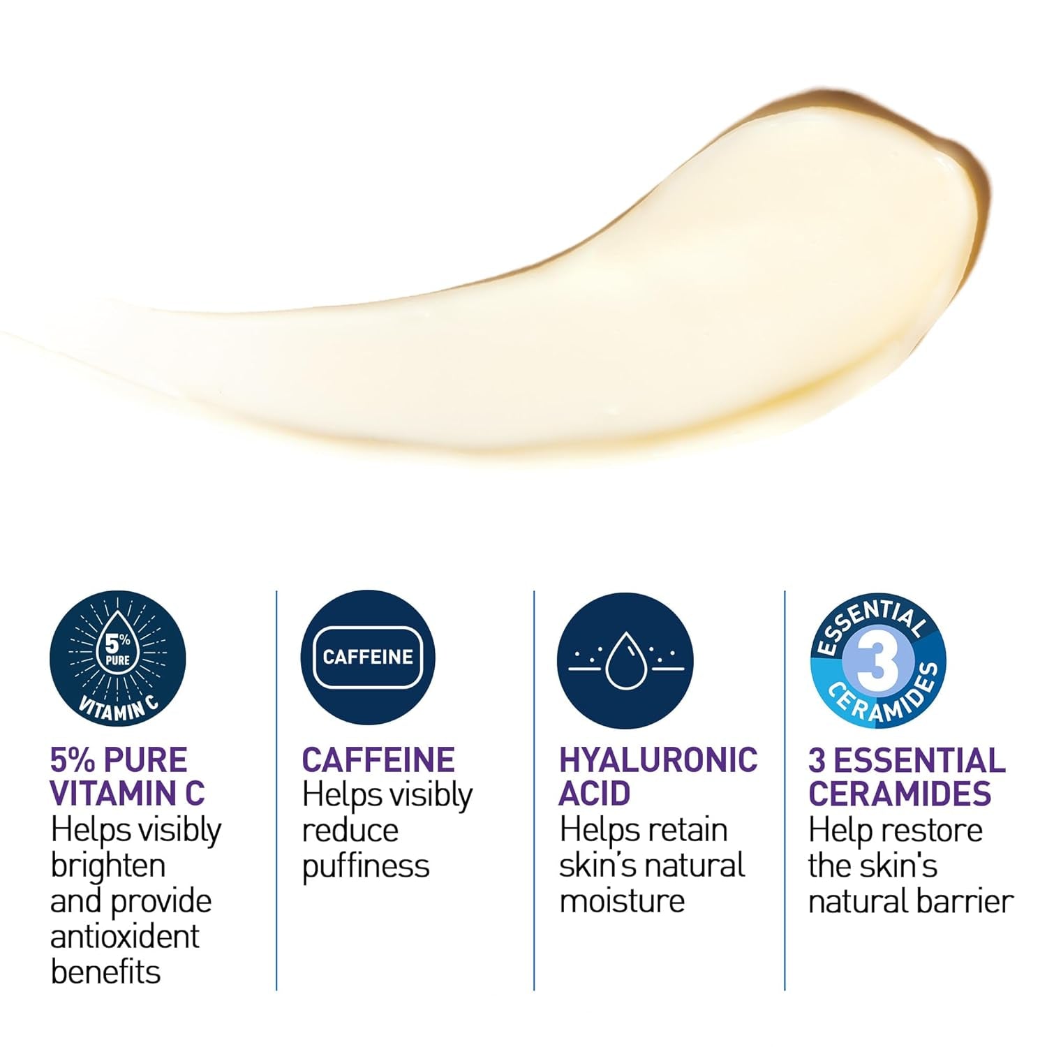 CeraVe Vitamin C Eye Cream for Dark Circles ingredients highlight, featuring 5% vitamin C, caffeine, hyaluronic acid, and ceramides.
