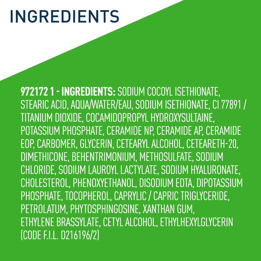 Ingredients list for CeraVe hydrating cleanser bar soap, including key components and moisturizers.