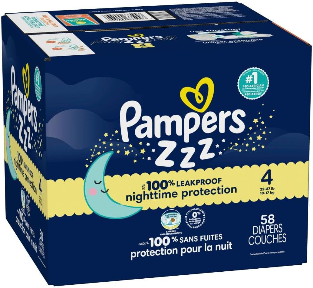 Pampers ZZZ Overnight Diapers, Size 4 (22-37 Lbs), 58 Count, Nighttime Protection Disposable Baby Diaper, Night Time Leak and Skin Protection