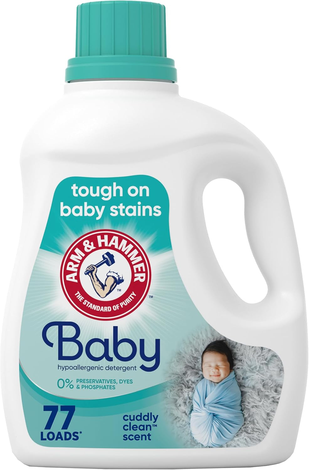 Bottle of Baby Hypoallergenic Liquid Laundry Detergent 77 Loads 100.5 fl oz, tough on baby stains, gentle on skin, hypoallergenic baby laundry detergent.