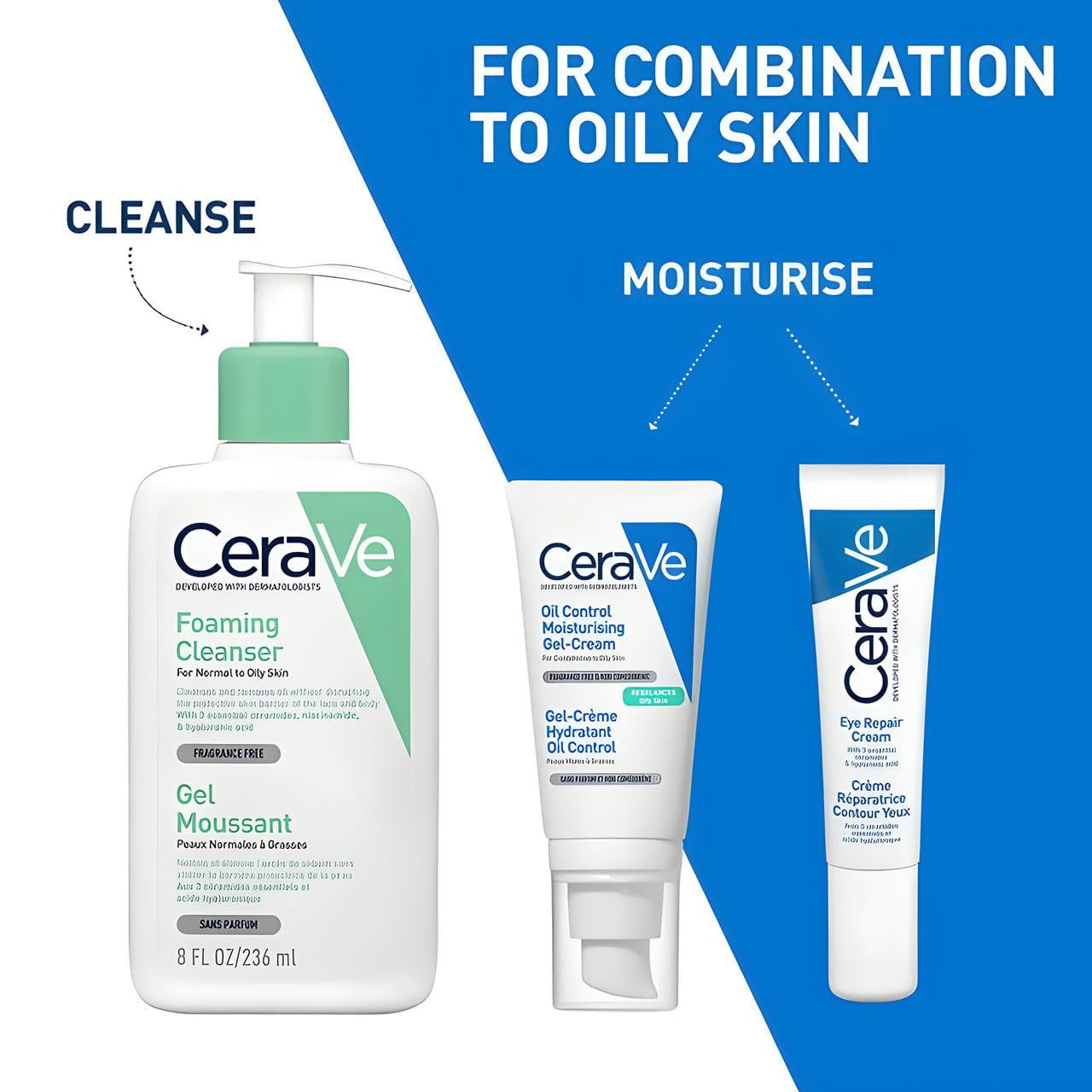 CeraVe product lineup for combination to oily skin, featuring Foaming Cleanser and Oil Control Moisturizing Gel-Cream.