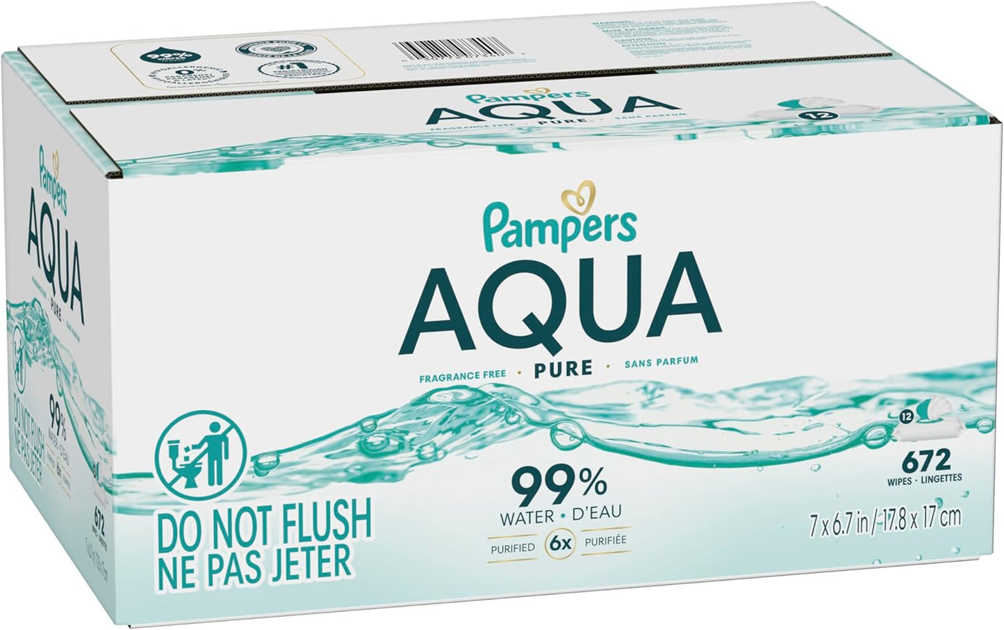 Pampers Aqua Pure Baby Wipes, 99% Water, Fragrance Free, Unscented, Water Based, Multi-Use, 672 Wipes Total (12X Flip-Top Packs) [Packaging May Vary]