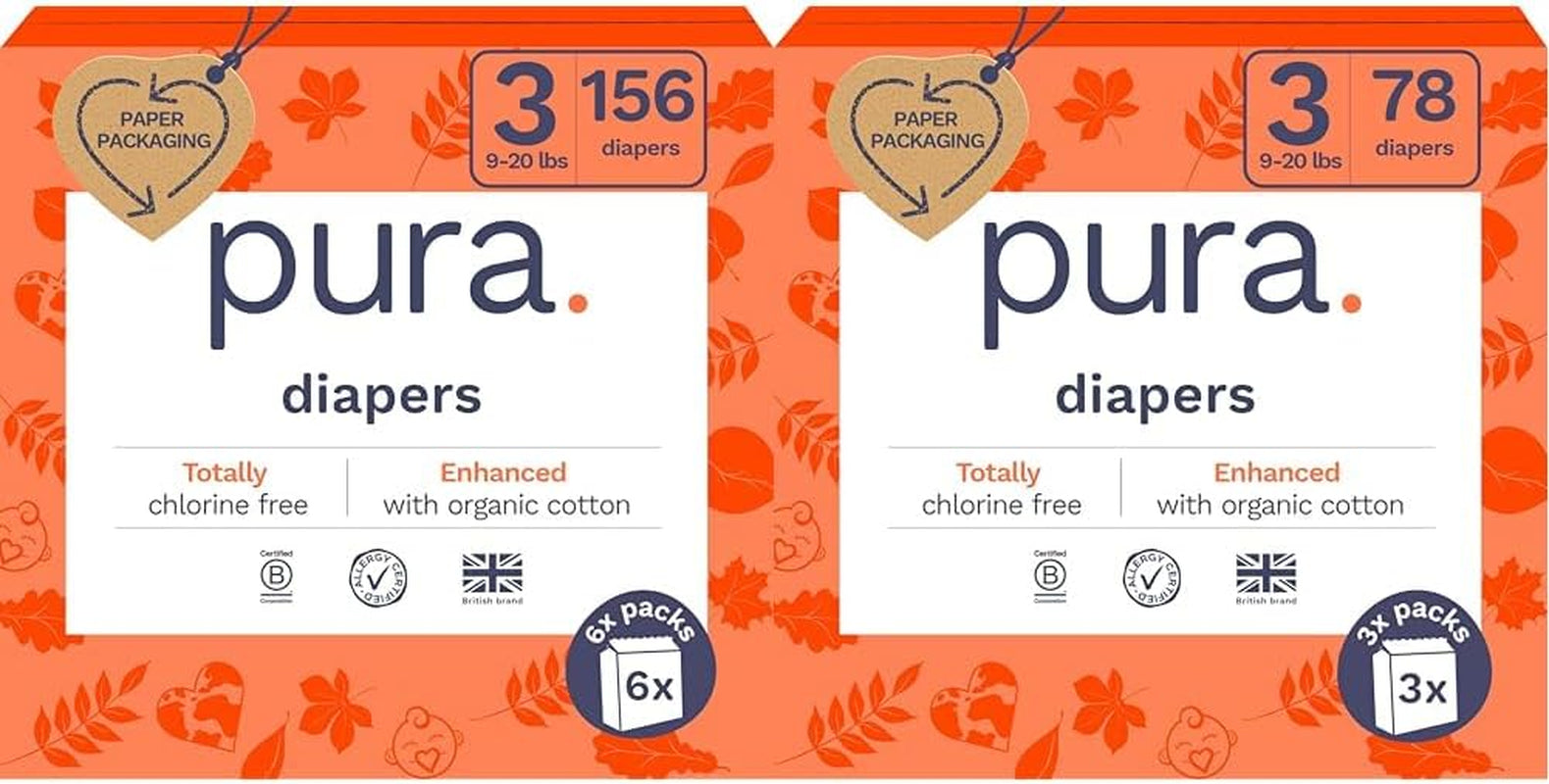 Pura Sensitive Skin Baby Diapers | Size 3 (9-20 Lbs) | Bulk, Hypoallergenic, Totally Chlorine Free, Fragrance Free, | 9 Packs of 26 (234 Diapers)